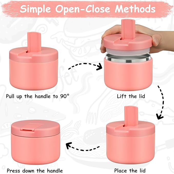 Pawtong 12oz Insulated Vacuum Food Jar with Buckle Lid Wide Mouth Soup Thermo for Hot Food Kids Leakproof Stainless Steel Lunch Container- Pink- 1Pack