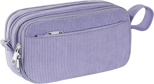 TESAFNG Corduroy Pencil Case, Large Capacity Pencil Pouch with 4 Compartments, Cute Soft Aesthetic Stationery Pen Bag Organizer with Zipper, Portable School Supplies for Teen and Adult Girls, Purple
