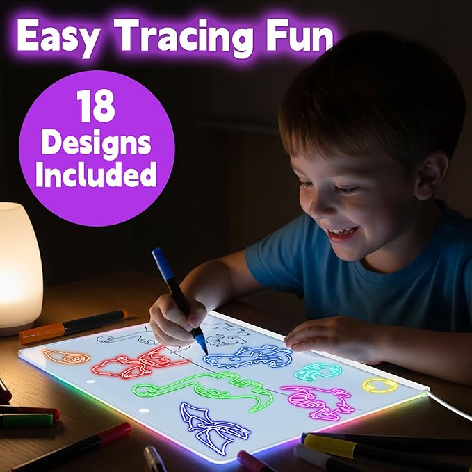16" LED Drawing Board for Kids - Light Up LED Note Board with Colors & 18 Tracing Stencils, Birthday Gifts for Girls Ages 5-12, Glow Doodle Pad Art Set, 39PCS