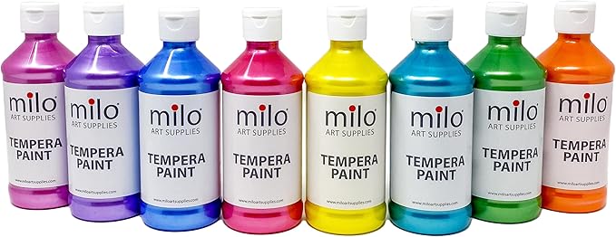 milo Washable Paint | Sparkle Pearlescent Tempera | Set of 8 Colors 8 oz Bottles | Made in the USA | Washable and Non-Toxic Glitter Arts & Crafts Poster Paints for Classroom, School, Project