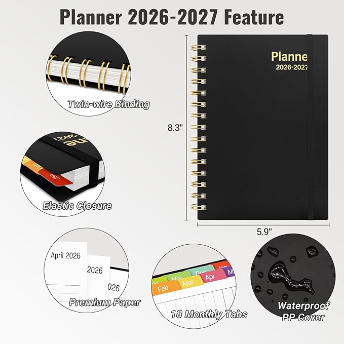 Daily Planner 2026-2027, 18 Month Planner with Tabs, January 2026 - June 2027 Weekly and Monthly Agenda Year Calendar Spiral Time Management, 100GSM Thick Paper, Twin-Wire Binding, A5 Size, Black