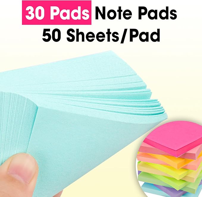 30 Pads Sticky Notes 3x3, Self-Stick Pads Bulk Bright Colors, School Supplies, Office Products, 50 Sheet/Pad