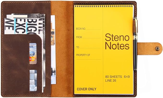 Robrasim Leather Cover for 6"x9" Steno Notebook, Leather Folio Cover Compatible with 6x9 Spiral Steno Pads, A5 Notebook Organizer with Pen Loop - Brown