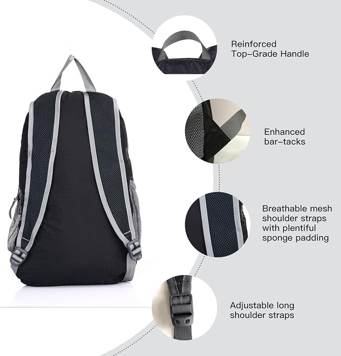 Outlander Packable Handy Lightweight Travel Hiking Backpack Daypack, Black