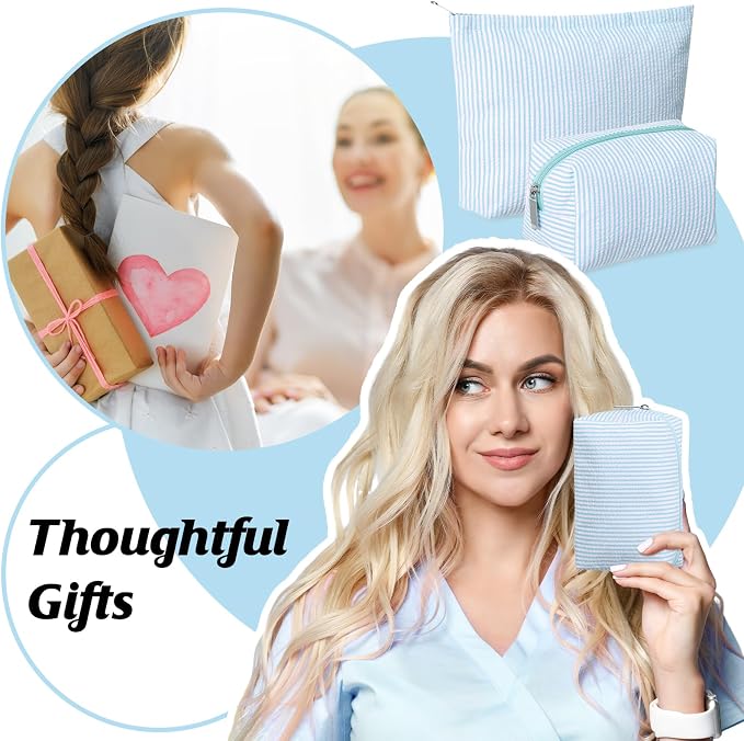 Huhumy 2 Pcs Makeup Bag Set for Women, Light Blue, Thin Striped Seersucker | Cute Cosmetic Pouch Women Travel Toiletry Bag Preppy Small Makeup Purse Pouch Aesthetic Skincare Brushes Storage Organizer