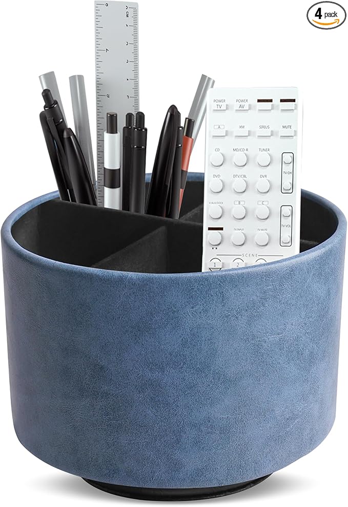 Round Leather Art Supply Organizer,Remote Control Holder,360 Degree Spinning,Multi-Functional Pencil Holder,4 Compartments Desktop Stationary Organizer(1-Oil Blue)