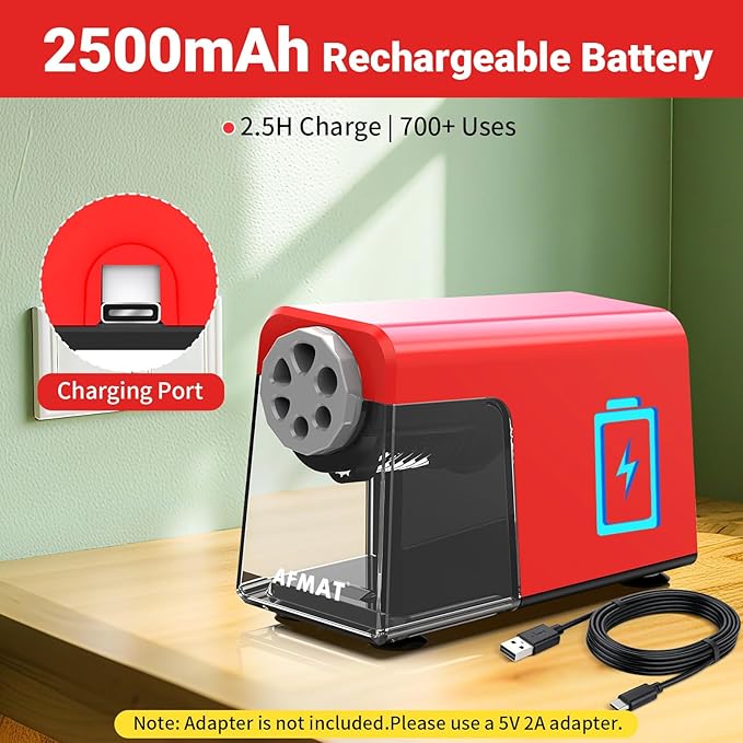 AFMAT Electric Pencil Sharpener 6 Hole, Cordless & Rechargeable, Colored Pencil Sharpener for 6-11mm Pencils, Auto Stop, Super Fast, 10,000+ Sharpenings, Battery Powered for Classroom/Home/Office PSD1