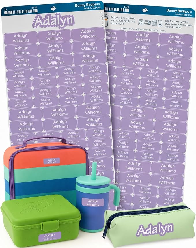 Bunny Badges Personalized Daycare Name Labels for Kids (120 Labels) Custom Label for Clothing Tag - Waterproof Name Stickers for Clothing Tags, Bottles, Backpacks and School Supplies (Lavender Mist)