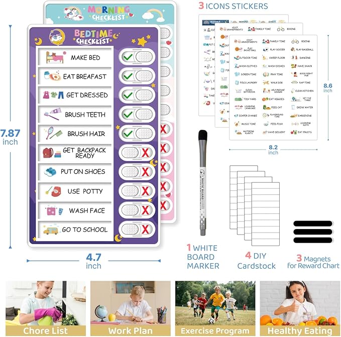 Upgraded 2 in 1 Bedtime/Morning Routine Chart - Magnetic Chore Chart, Cute Visual Schedule Board, Dry Erase Checklist for Kids & Toddlers