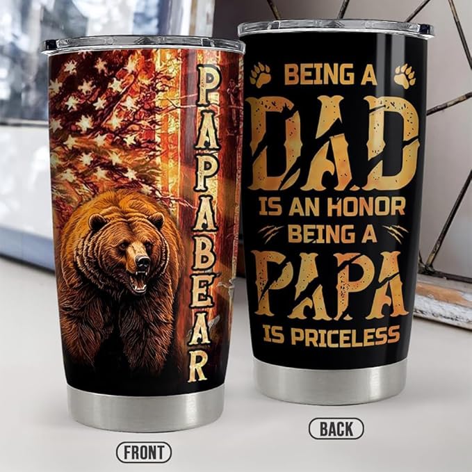 SANDJEST Dad Tumbler 20oz Stainless Steel Cup Papa Bear Insulated Travel Mug Dad Gifts from Daughter Son Gift for Dads Papa Father on Birthday Christmas Fathers Day
