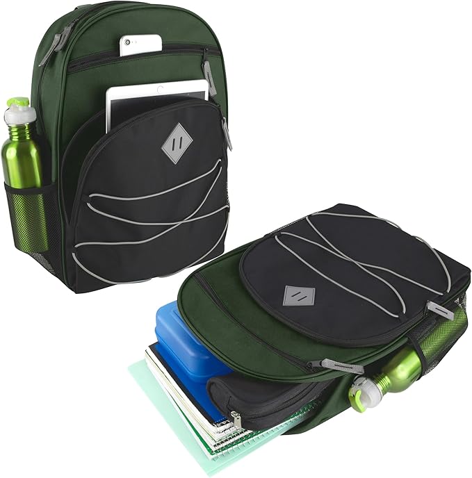 Summit Ridge Boys and Girls School Backpacks with Bungee Cord Front | 17” Multi Pocket Backpack for Kids, Teens, Adults, Travel (Green/Black)