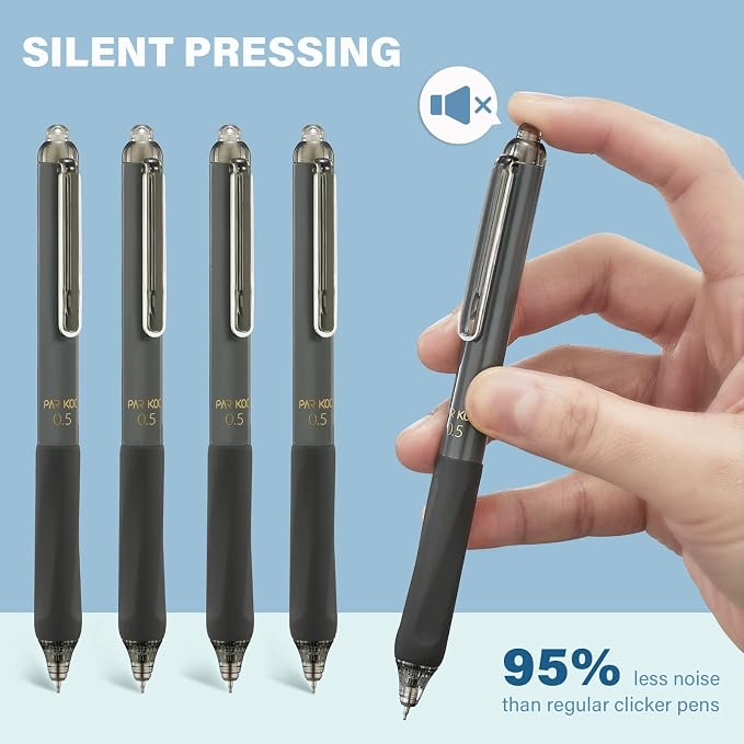 ParKoo Gel Pens, 12 Pcs 0.5mm Retractable Quick Dry Black Ink Pens | Click Silent, Comfort Grip, Fine Point Smooth Writing Pens for Teachers, Nurses, Cute Stationery Office School Supplies