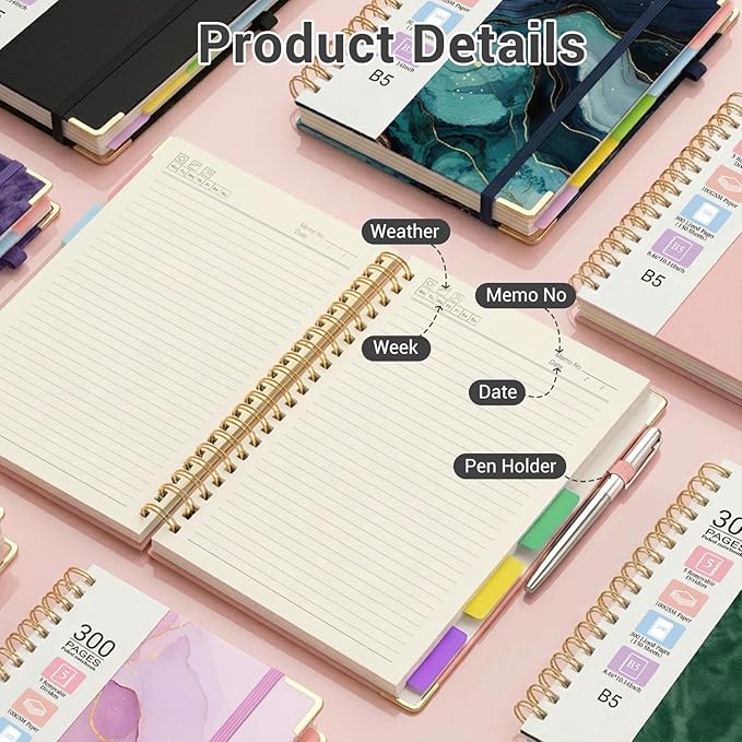 Hardcover Spiral Journal Notebook, 300 Pages 5 Subject Notebook College Ruled with Removable Dividers Tabs, 8" x 10" Notebooks for Work, Spiral Ruled Lined Writing Journal Hardcover Leather Notebook for School (Black, 8''x 10'')