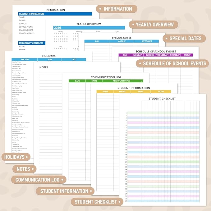 Teacher Planner 2026-2027, Jul 2026-Jun 2027 Academic Year, 8.5" x 11" Lesson Planner Book for Teacher Calendar, Spiral Bound Planners, Colorful Monthly Tabs, Planning Stickers, Leopard