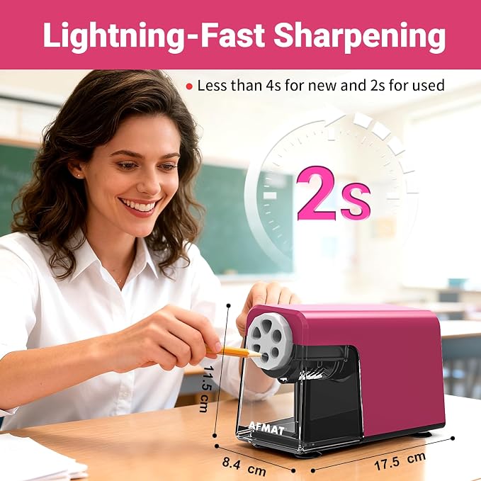 AFMAT 6-Hole Electric Pencil Sharpener for Classroom, Cordless & Rechargeable, Heavy Duty Pencil Sharpeners for 6-11mm Colored Pencils, Auto Stop, Super Fast, 10,000+ Sharpenings, Battery Powered PSD1