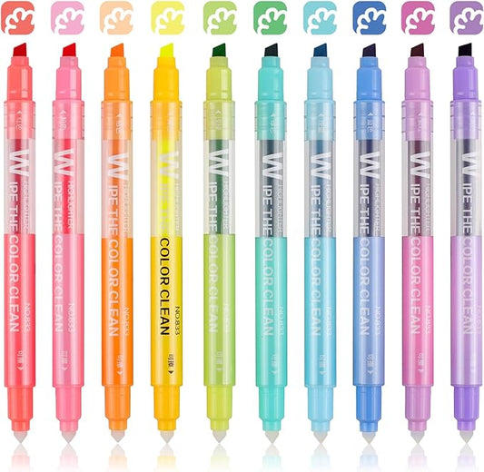 HANKU Erasable Highlighters Assorted Colors Pens, Dual Tip 10 Colors Erasable Markers, Smooth Writing Book Journaling Highlighters for Journaling Coloring Doodling Supplies