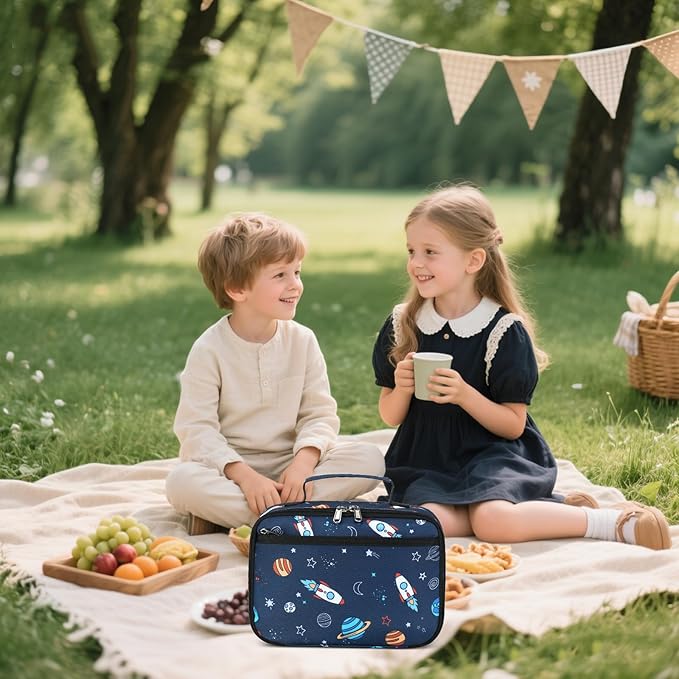 Lunch Box for Kids Boys Insulated Lunch Bags Toddler Lunch Tote Bag Thermo Picnic Cooler Bag for School Children (Spaceship-Navy Blue)