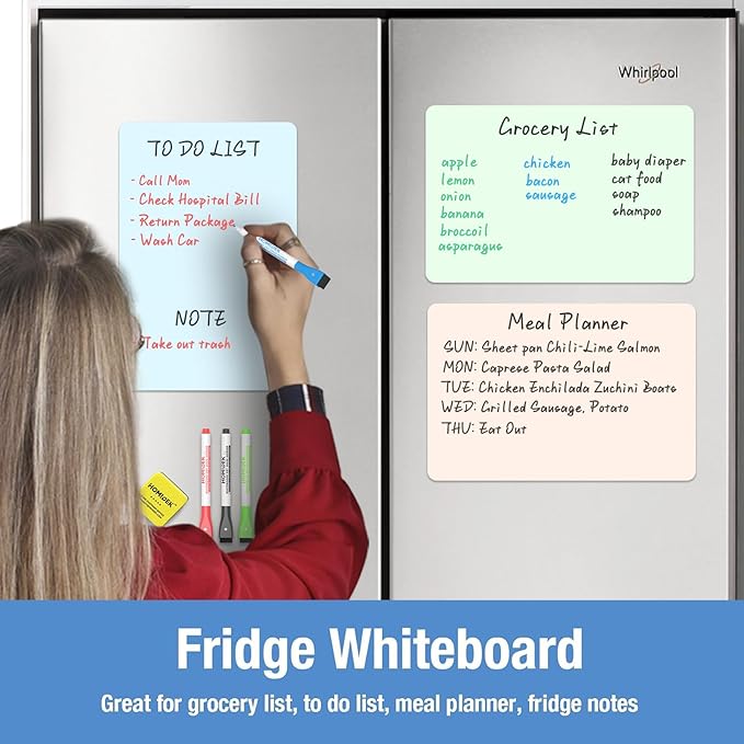 HOMiDEK Magnetic Dry Erase Board, 3 Colors Fridge Magnet White Board Sheet with 4 Markers & 1 Eraser, Reusable Blank Magnetic Whiteboard to Write On for Refrigerator, Locker, Cabinet, Door - 11 x 17