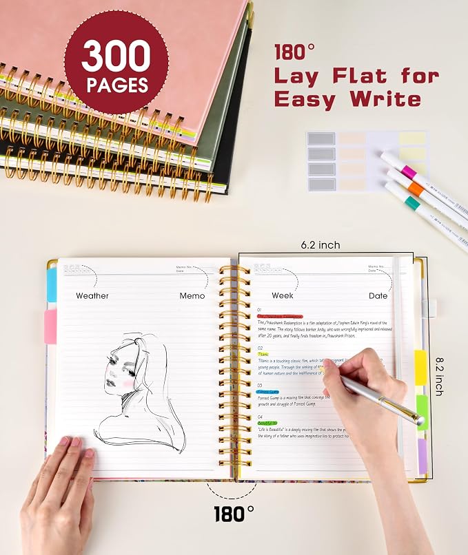 Hardcover Spiral Notebook journal with Removable Dividers Tabs, 300 Pages 5 Subject Notebook College Ruled, 100GMS Notebooks for Work School Note taking,Lined Journal for Women,A5 Colorful Tree of Life