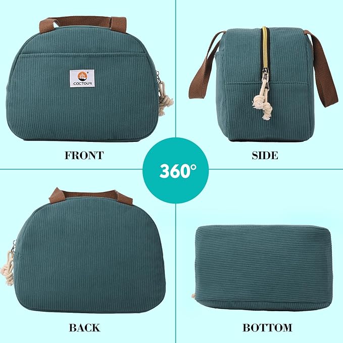 CaCTOUR Lunch Box Lunch Bag for Women Girls Teens, Cute Lunch Box Cooler Bag, Portable Small Insulated LunchBox Reusable Corduroy Lunch Tote for Work/Travel/Picnic/School (Lake Green)