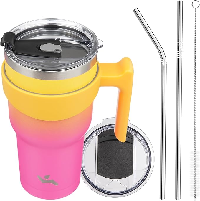 Konokyo 30 oz Tumbler with Handle and 2 Straw 2 Lid, Insulated Water Bottle Stainless Steel Vacuum Cup Reusable Travel Mug,Rainbow