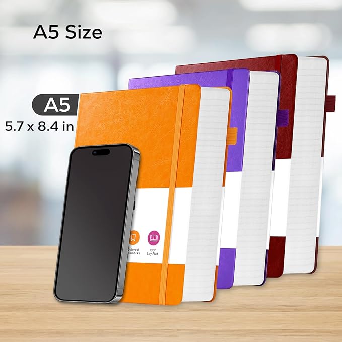 FOCUS DAY 3 Pack Lined Journal Notebooks, A5 Thick Notebook Journal Set for Work Writing, 320 Pages Hardcover Leather Bound Notebook Bulk for Women Men Office School, 5.7'' X 8.4'', Multicolor