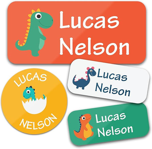 Bunny Badges Personalized Daycare Name Labels for Kids (130 Labels) - Custom Waterproof Name Stickers for Clothing Tags, Water Bottles, Lunch Boxes and School Supplies (Dinosaurs)