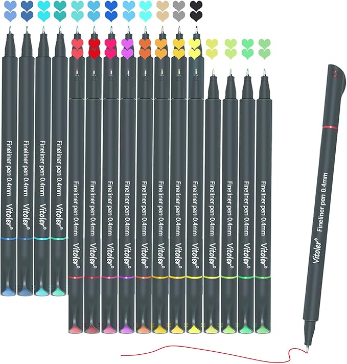Vitoler 24 Colored Journaling, Fine Line Point Drawing Marker Pens for Writing Journaling Planner Coloring Book Sketching Taking Note Calendar Art Projects Office Supplies (24 Colors)