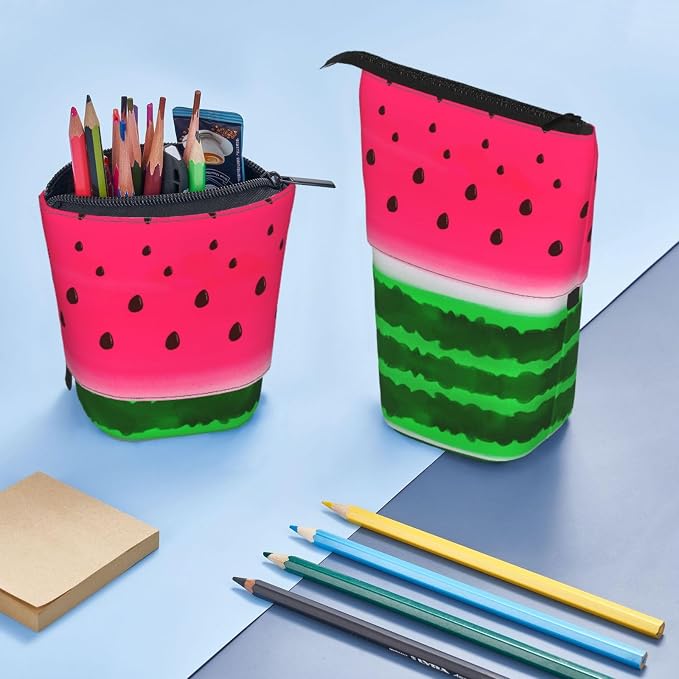 Watermelon Standing Pencil Case Cute Telescopic Stationary Pouch with Zipper Large Capacity Stand up Pen Bag Portable Makeup Holder for School Office Supplies