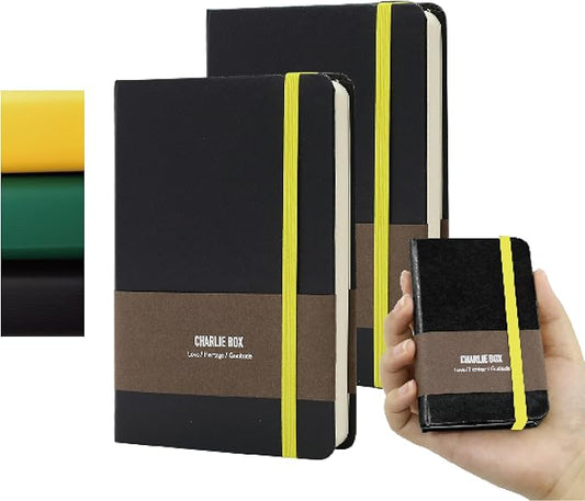 A7 Leather Journal Notebook - 2Pack Dotted/Grid/Blank Pages, 100GSM Thick Paper, Water-Resistant Cover, Elastic Closure & Inner Pocket (Black)