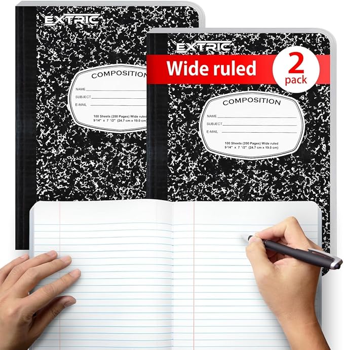 EXTRIC Composition Notebook College Ruled – 2 Pack College Ruled Notebooks for School, 200 Pages (100 Sheets) No Bleed Composition Book Black Marble 9.75 x 7.5 in