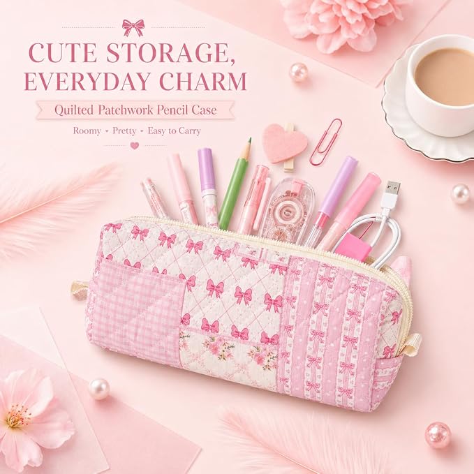 Cute Quilted Pencil Case for Women, Aesthetic Small Floral Pencil Pouch, Slim Soft Pencil Bag for Stationery Supplies & Daily Use（Pink Bow Patchwork）
