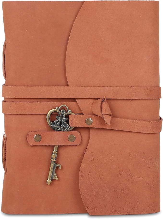 Leather Journal with Deckle Edge Paper 8x6 inch and Vintage Key | Handmade Writing Notebook Diary | Bound Daily Notepad for Men & Women Medium, Sketch/Writing pad for Artists