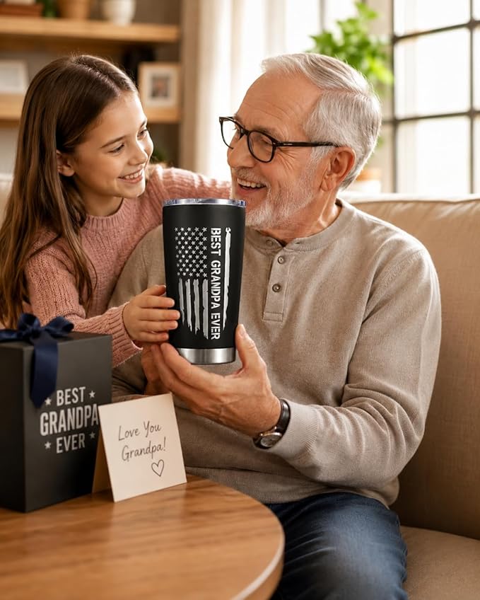 CYYFXKY Best Grandpa Ever 20oz Stainless Steel Tumbler, USA Flag Funny Nutrition Facts Insulated Travel Mug, Fathers Day Birthday Gift for Grandpa Men