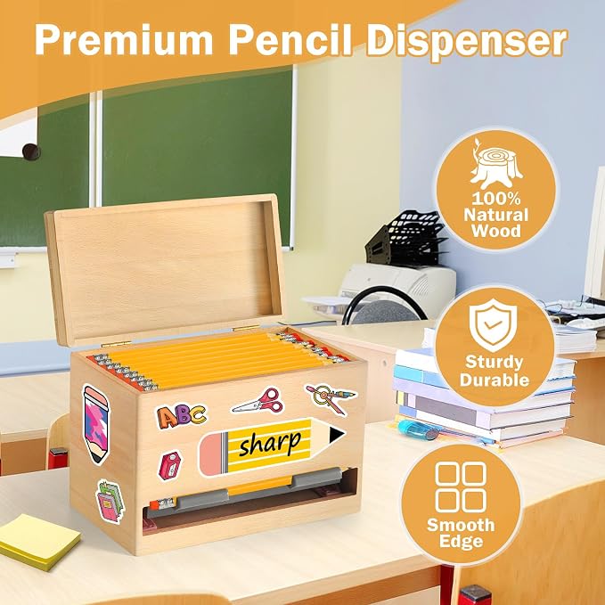 Aigybobo Pencil Dispenser for Classroom, Wooden Desk Pencil Holder (Wood) | Teacher Must Haves, Classroom Organization, Wooden Dispenser for Pencils or Straws, for Offices, Kitchens, Restaurants