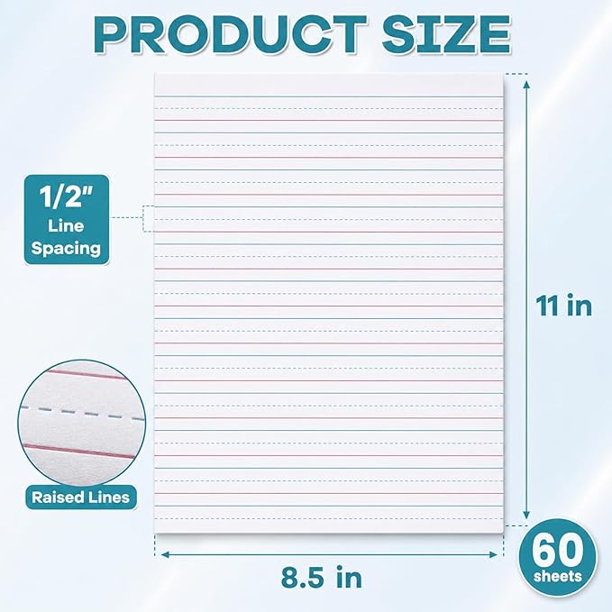 OBUSATT Kindergarten Practice Paper Raised Line Primary Writing Paper with 0.5inch Spacing Multi-Sensory Wide Line Kindergarten Handwriting Tablet for Kids Teachers, 8.5 x 11 Inch（60 Sheets）