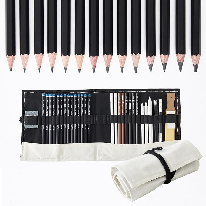 Professional Sketching Pencil Set with Full Hardness Range (3H–14B) – Graphite & Charcoal Pencils with Portable Canvas Pouch