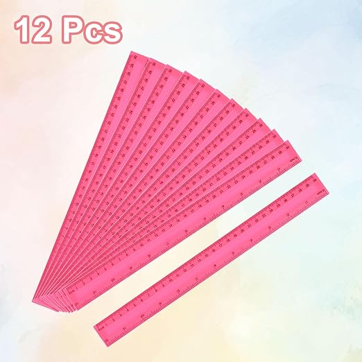 HARFINGTON 12pcs Plastic Rulers 12" (30cm) Clear Straight Ruler Measuring Tool Inches and Centimeters for Home Office Classrooms Drafting, Pink
