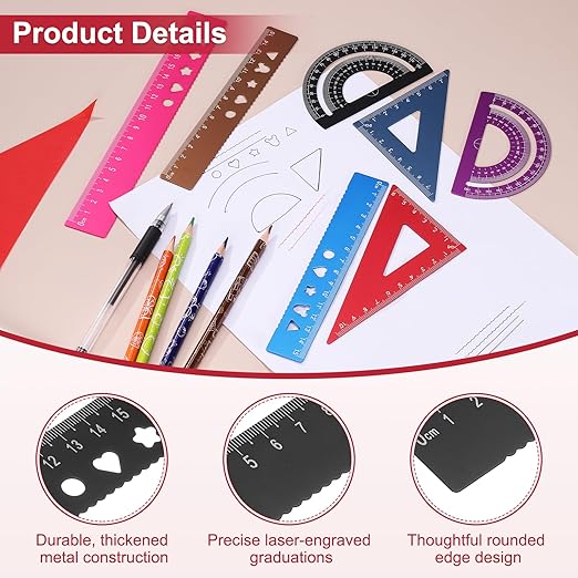 PATIKIL 8 Pcs Geometry Drafting Tool, Aluminum Alloy Geometry Kit Math Tool Includes 20cm L Ruler Protractor Triangles for Drafting Angle Measure Simple Science Experiment, Black