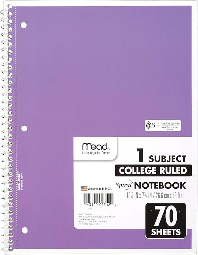 Mead Spiral Notebook, 1 Subject, College Ruled Paper, 70 Sheets, 10-1/2" x 7-1/2", Assorted Colors (05512)