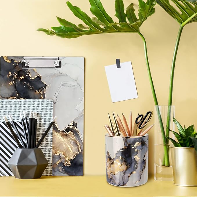 Marble Pencil Holder, Durable Ceramic Desk Organizer Office Supplies,Desktop Stationary Organizer,Multi-Functional Pencil Storage for Desktop Accessories,Office,Classroom,Home,Gray Gold