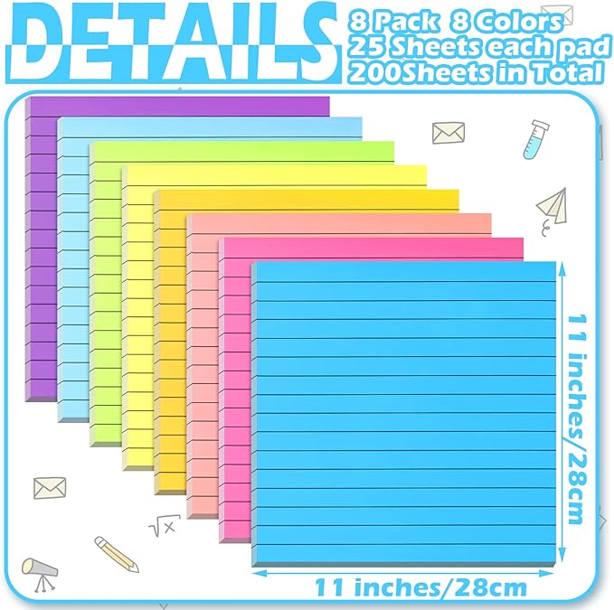 Qeeenar 8 Pads Big Sticky Notes 11 x 11 Inch Lined Jumbo Large Sticky Notes for Wall,Giant Strong Power Memo Square Post for Office, 25 Sheets/Pad(Bright Color)