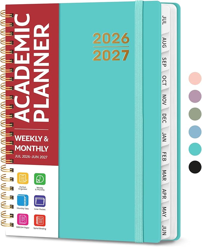 Planner 2026-2027 for Women & Men, Academic Monthly and Weekly Calendar Planner, Jul 2026 - Jun 2027, A5 (6.3" x 8.5"), Teacher Student Planning Book with Tabs, Ideal for Office School Supplies - Aquamarine