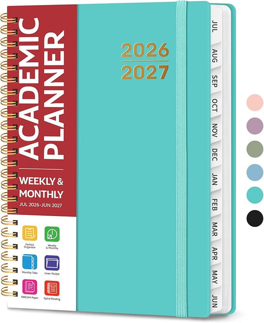 Planner 2026-2027 for Women & Men, Academic Monthly and Weekly Calendar Planner, Jul 2026 - Jun 2027, A5 (6.3" x 8.5"), Teacher Student Planning Book with Tabs, Ideal for Office School Supplies - Aquamarine