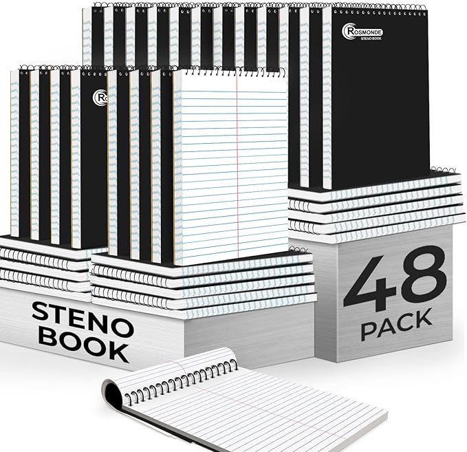 Rosmonde 48 Pack Bulk Spiral Steno Pads, 6"x 9", Steno Notebook Gregg Rule, Black Covers, 80 Sheets (160 Pages), Top Spiral Notebook, Bulk Steno Notebooks for Notes in School, College, Office Notepad