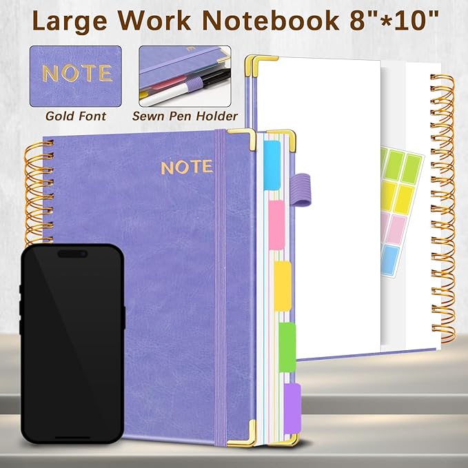 Hardcover Spiral Notebooks for Work 8''x 10'', 300 Pages 5 Subject Notebook with Dividers & Tabs, B5 Spiral Journal for Women, College Ruled Notebooks for School Note-Taking (Lilac Purple)
