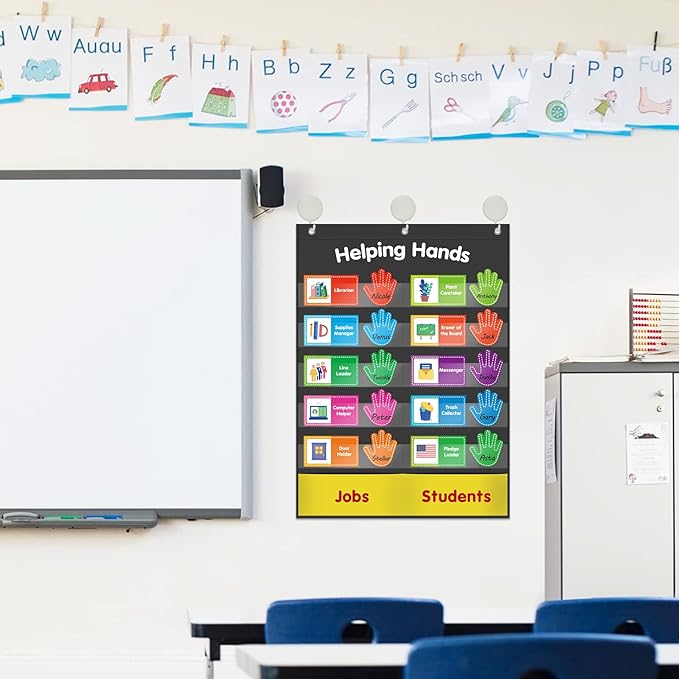ABCxGOOD Helping Hands Pocket Chart,Classroom Jobs and Management Pocket Chart, Preschool Classroom Must Haves Supplies, Great for Classroom Homeschool. (Black) (Black, 29"*20.5")