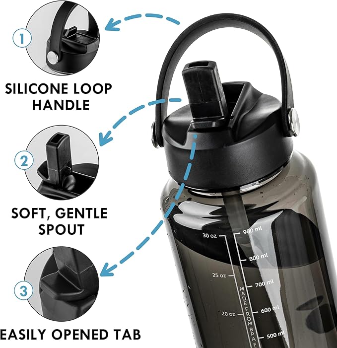 OLDLEY 32 oz Clear Water Bottle with Straw,Tritan BPA-Free, Wide Mouth, Leak Proof - for Gym, Travel, Home, School, Office (Black)