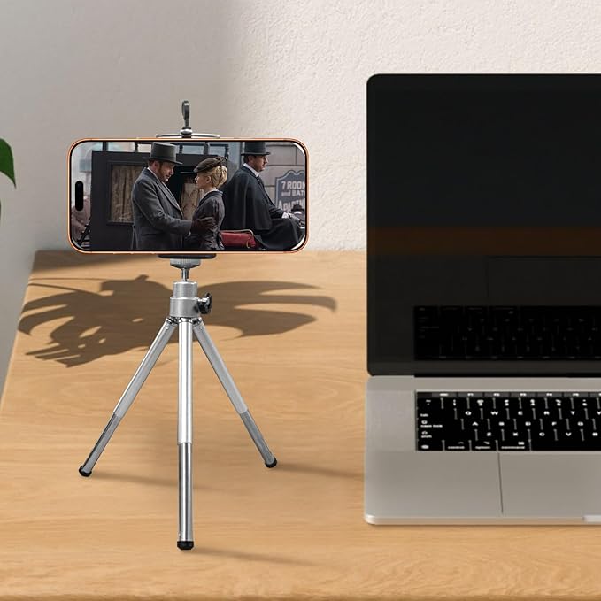 Mini Portble Extendable Phone Tripod Stand with Clip, 360° Ball Head Desktop Tripod Compatible with All Cellphone Mini Camera for Vlogging, Travel, Video Recording (Silver)