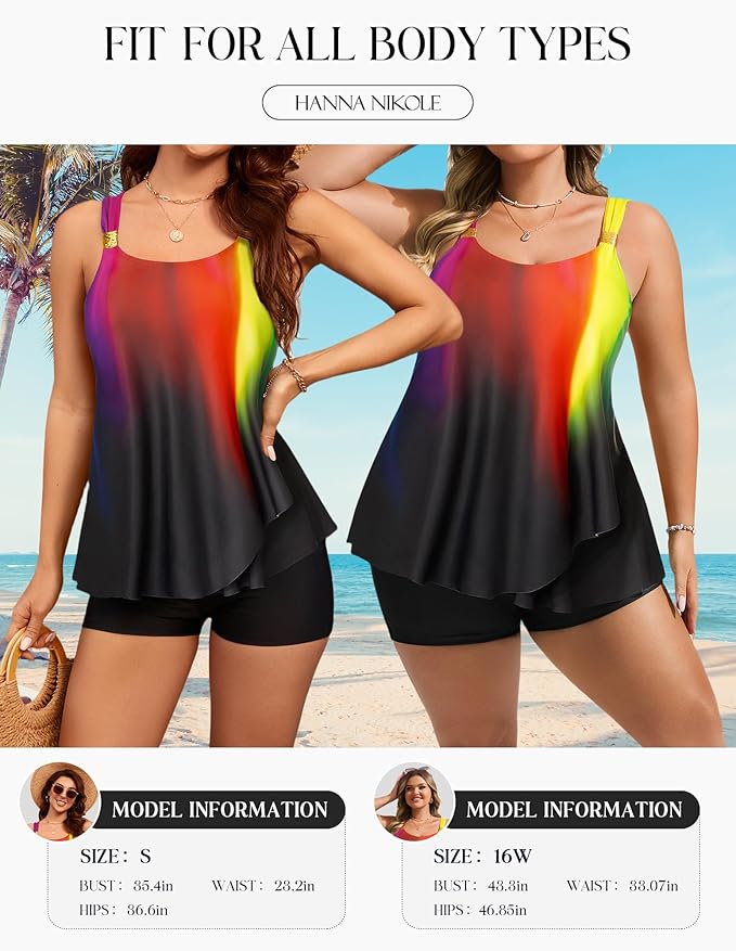 Hanna Nikole Womens Tankini Swimsuits 2 Piece Bathing Suit Flowy Ruffle Tankini Tops with Swim Shorts